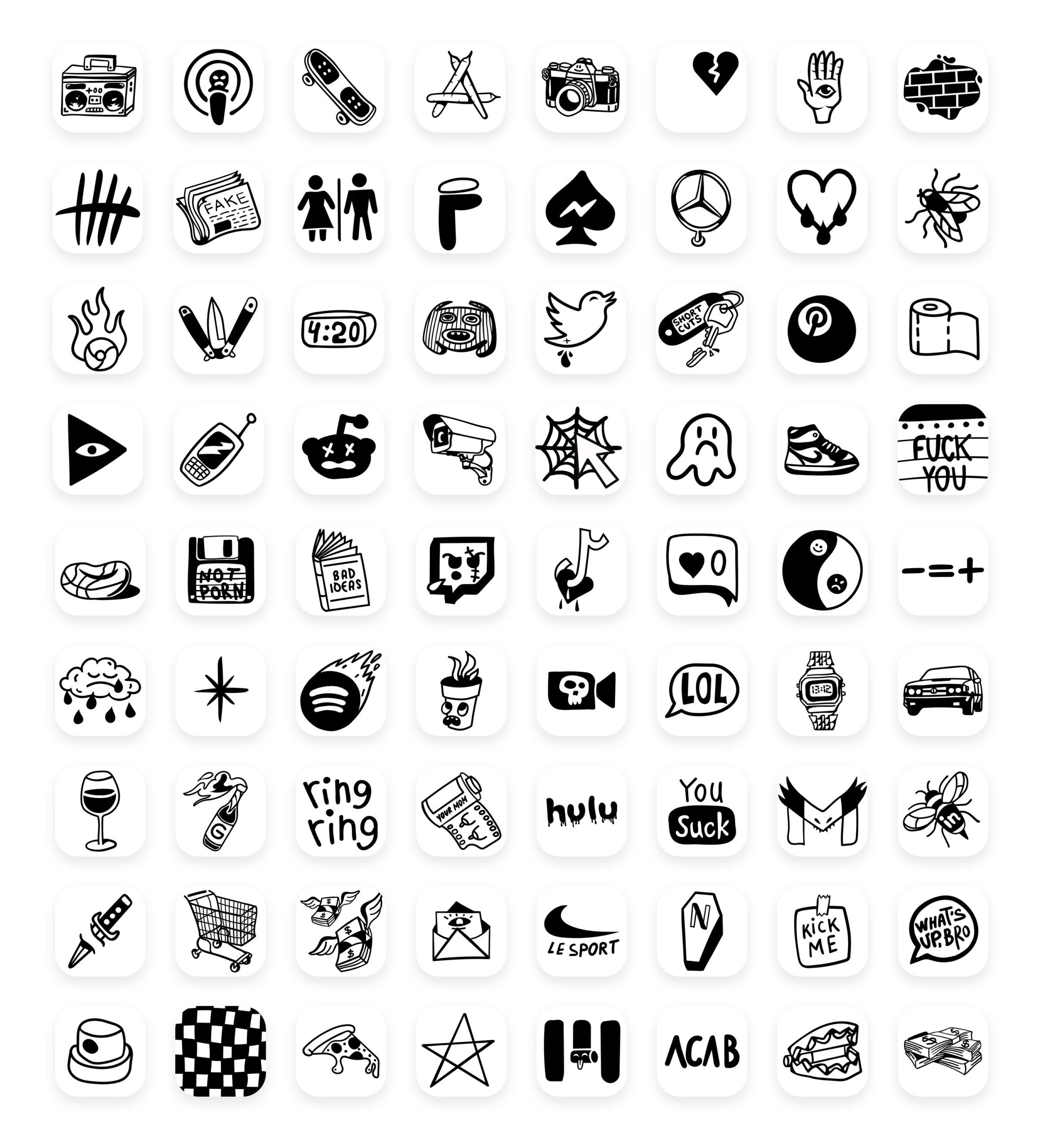 black and white app icons