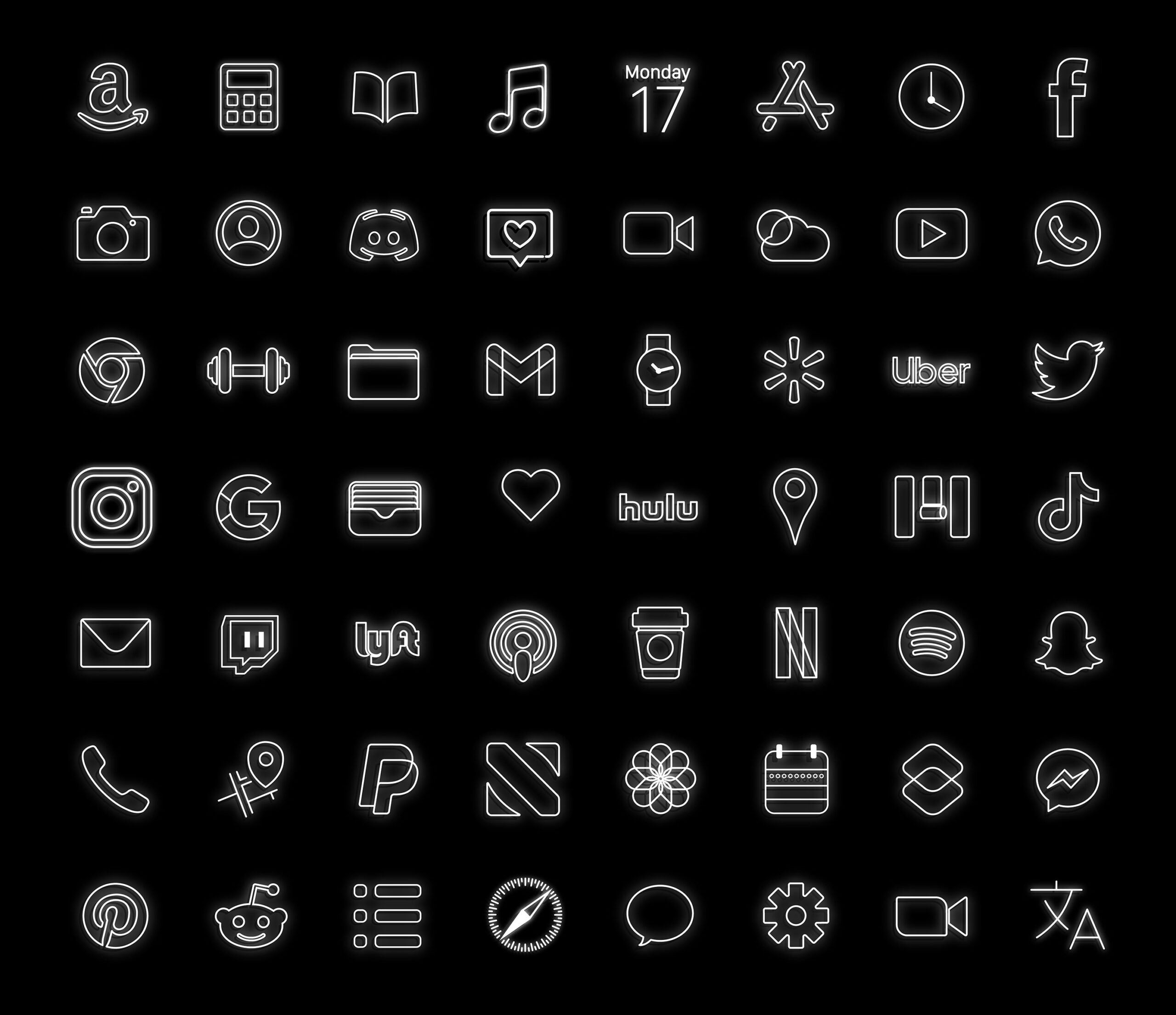 white neon app icons pack preview 2