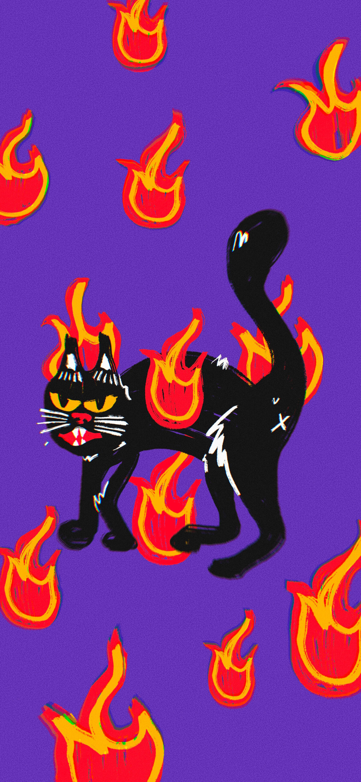 black cat in flame purple wallpaper