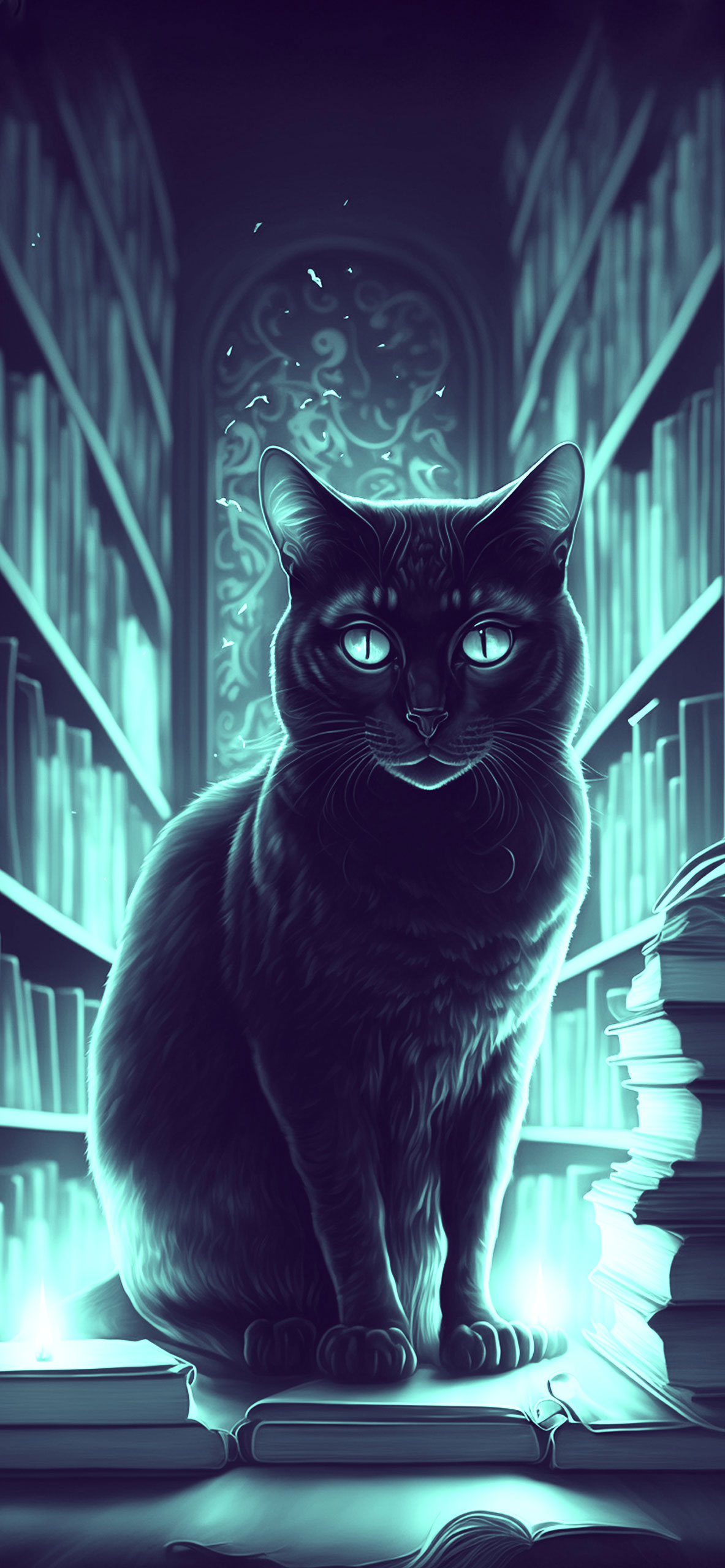 black cat in library wallpaper 2