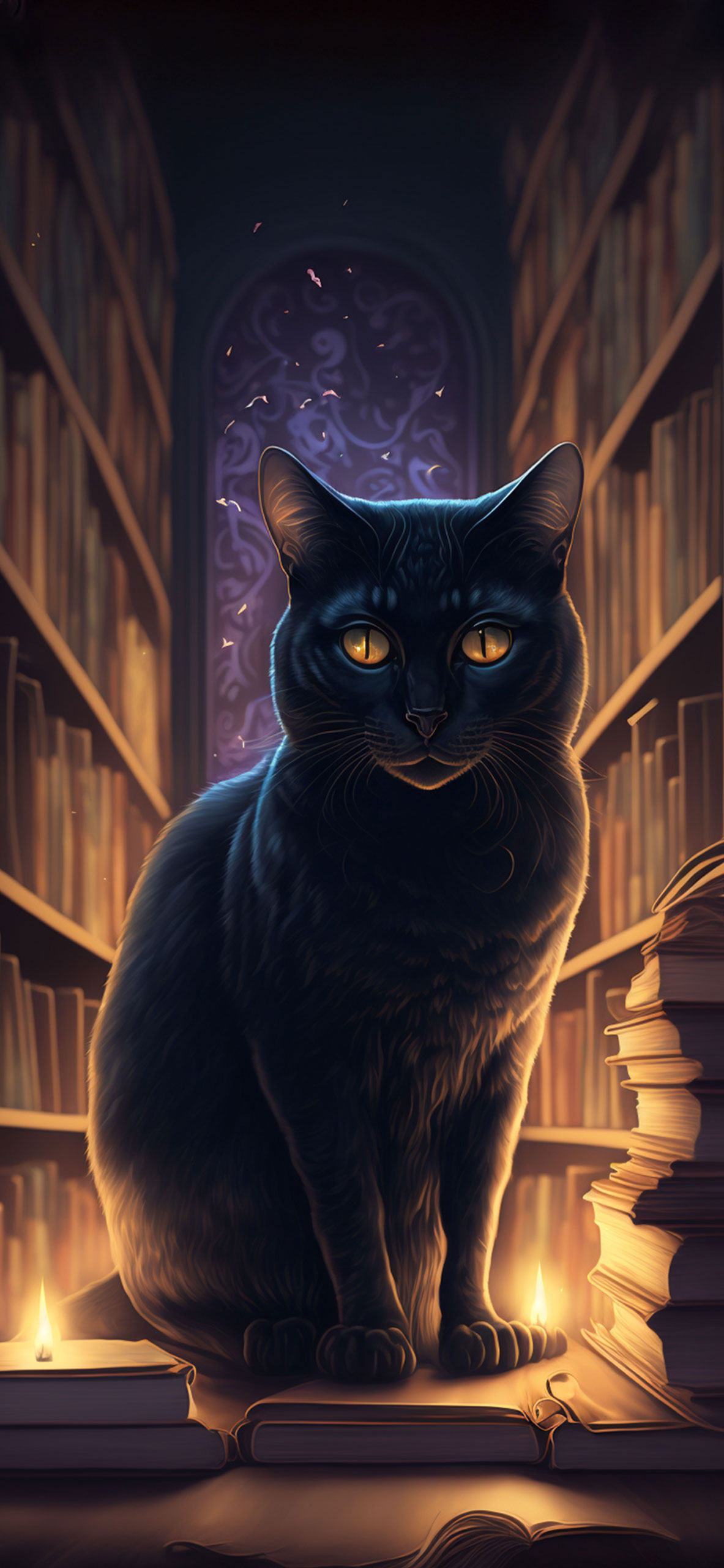 black cat in library wallpaper