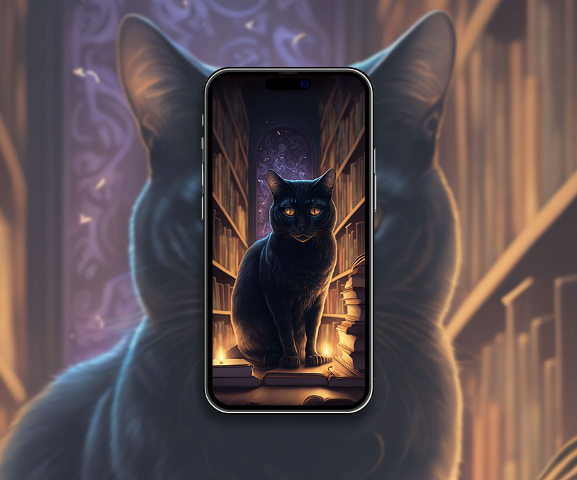 black cat in library wallpapers collection