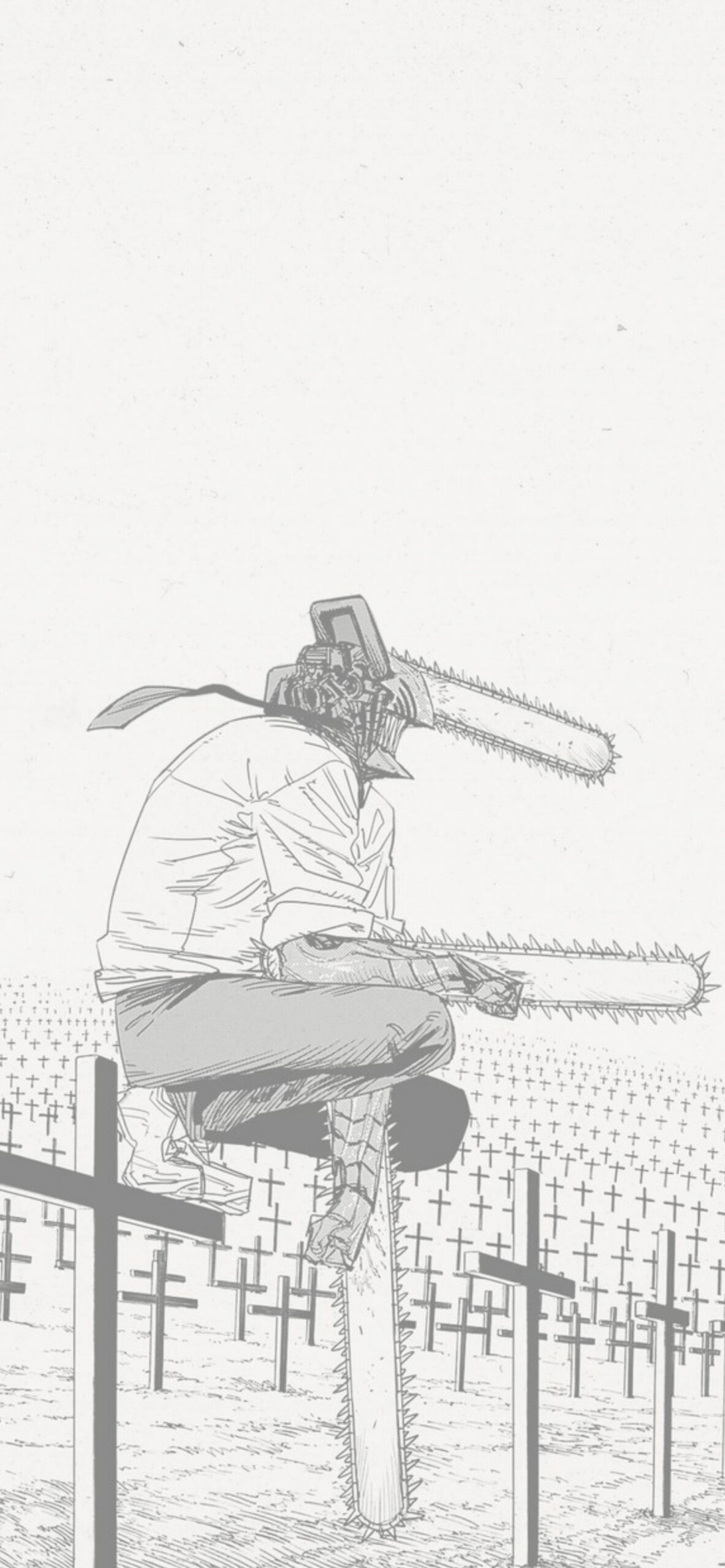 chainsaw man denji perched on a cross background