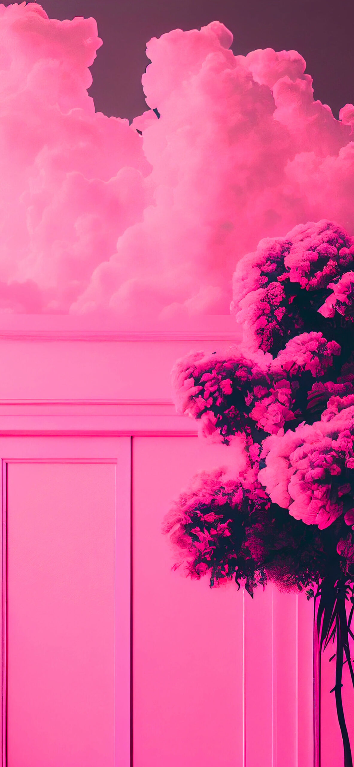 clouds wall and tree aesthetic pink wallpaper