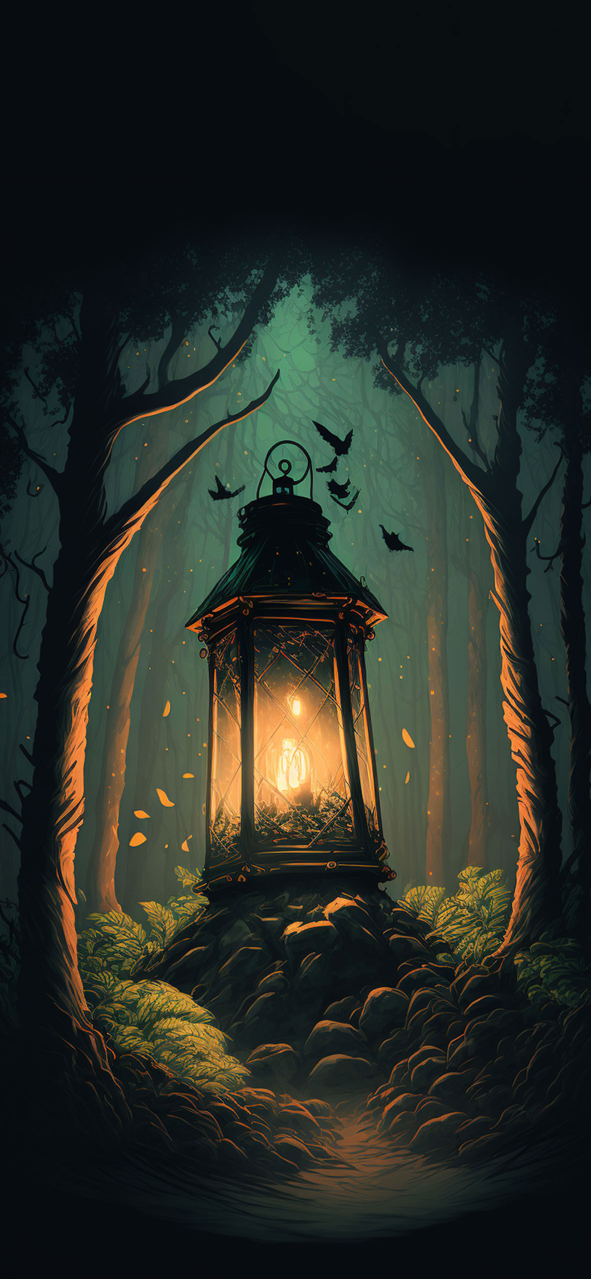 lantern in forest wallpaper