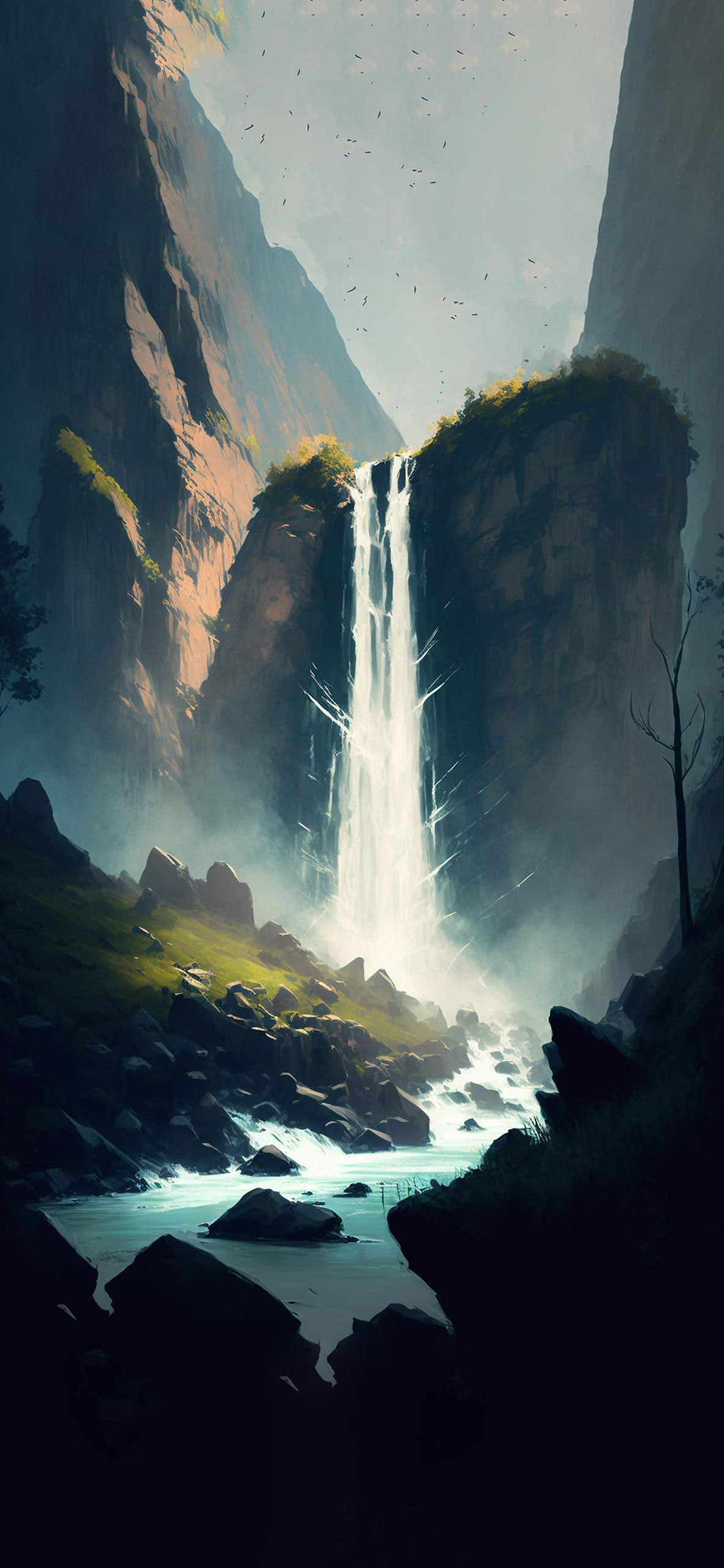 waterfall mountains art wallpaper