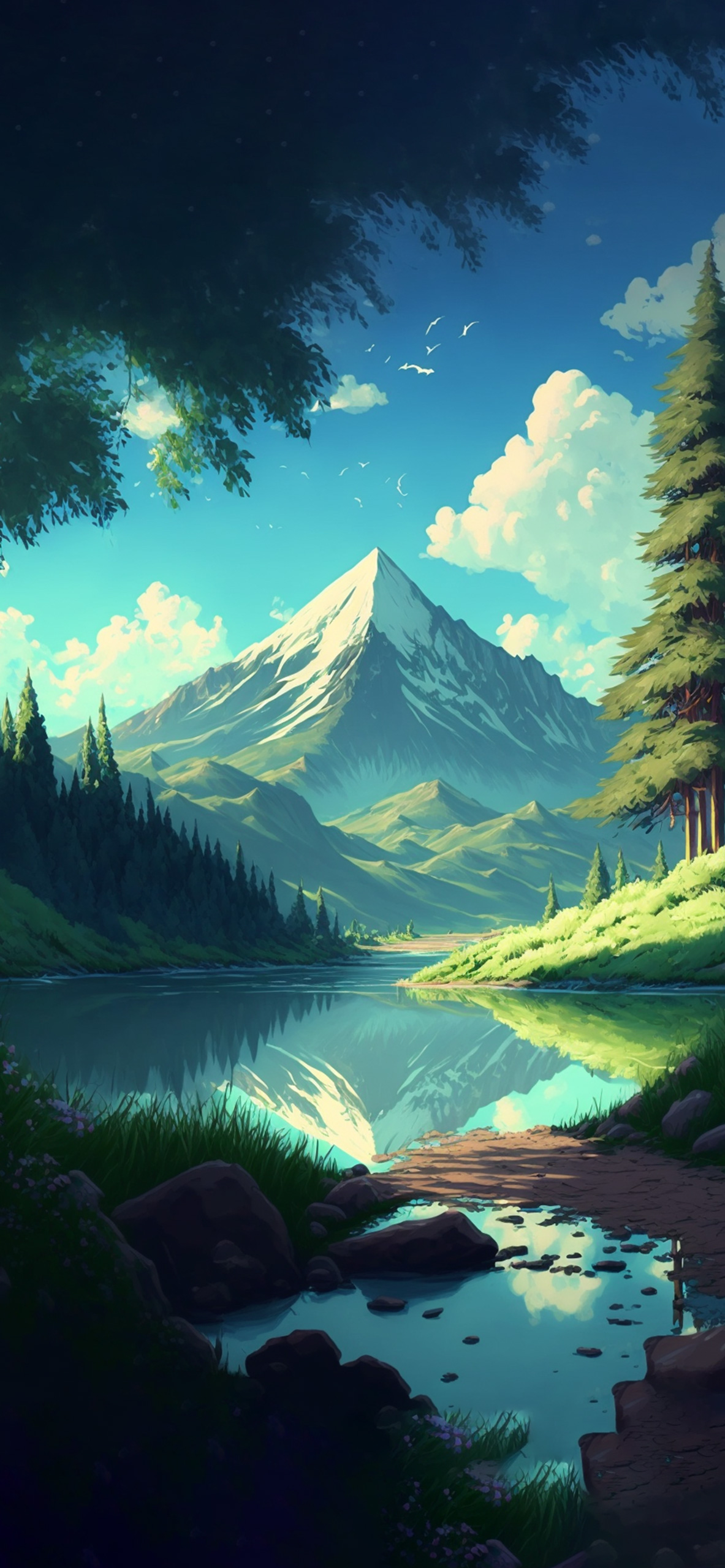 forest lake mountain anime background wallpaper
