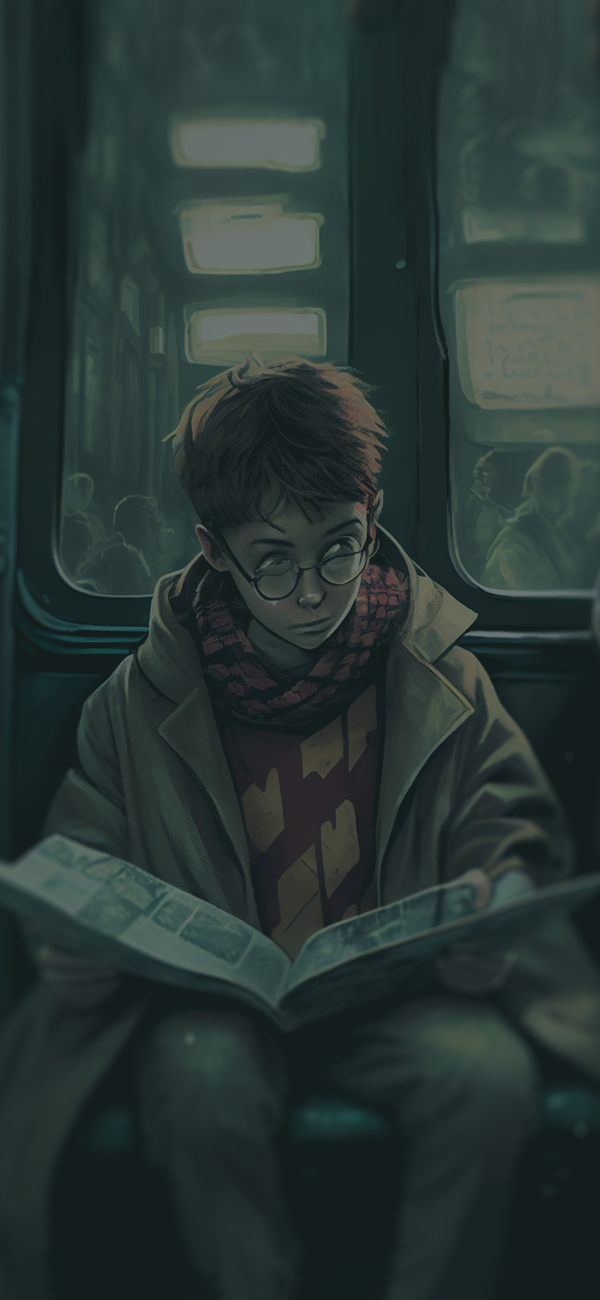harry potter on train with newspaper background