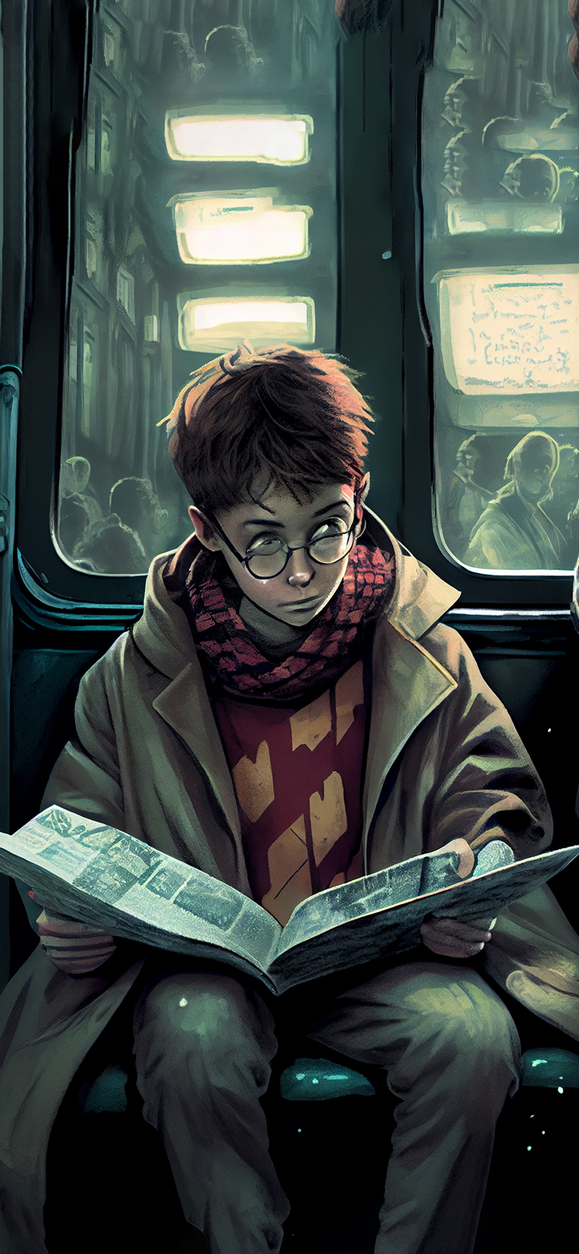 harry potter on train with newspaper wallpaper