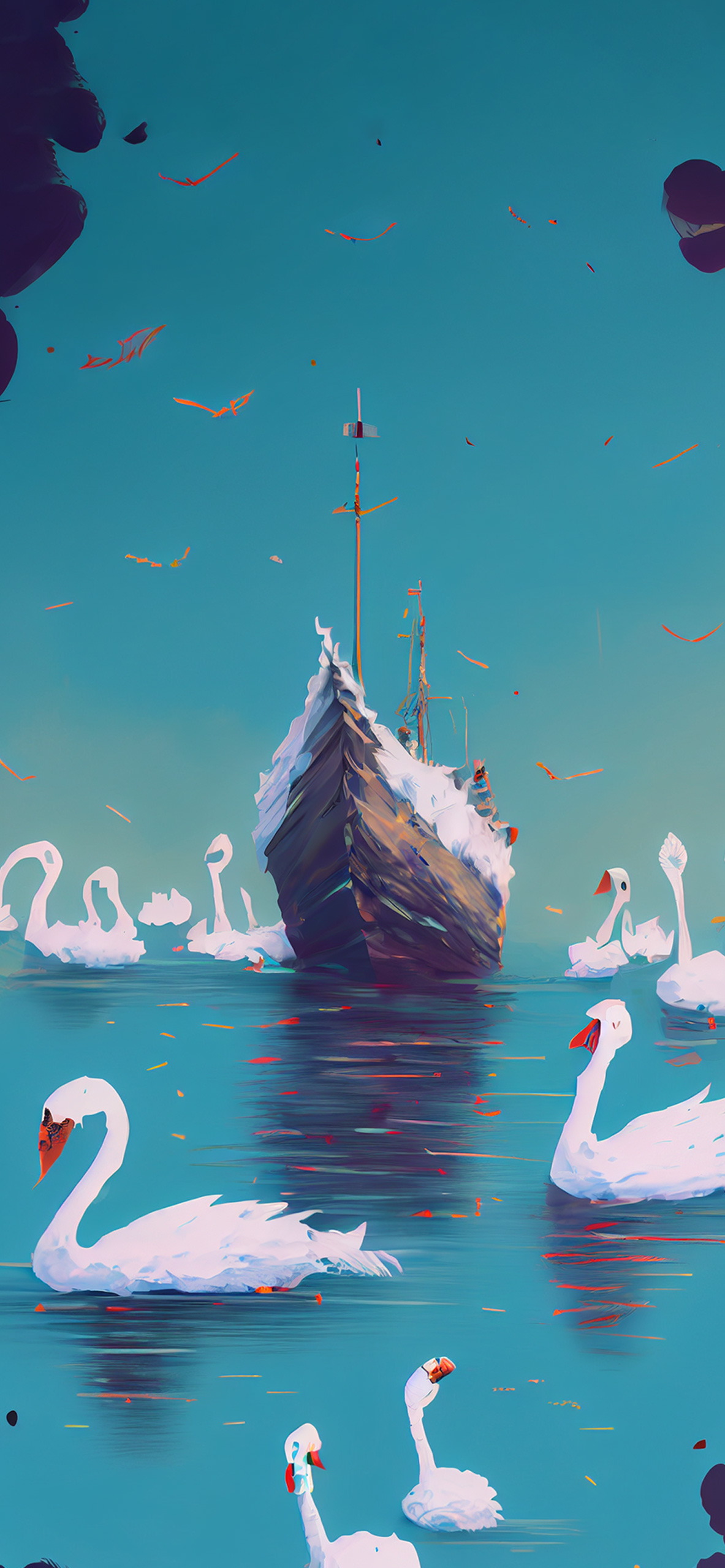 ship swans light blue wallpaper