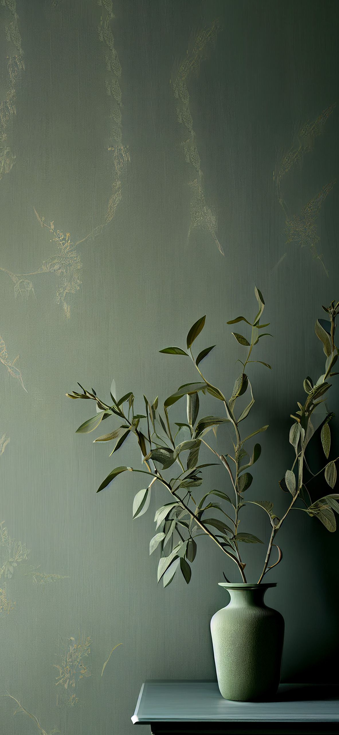 vase with olive sage green wallpaper