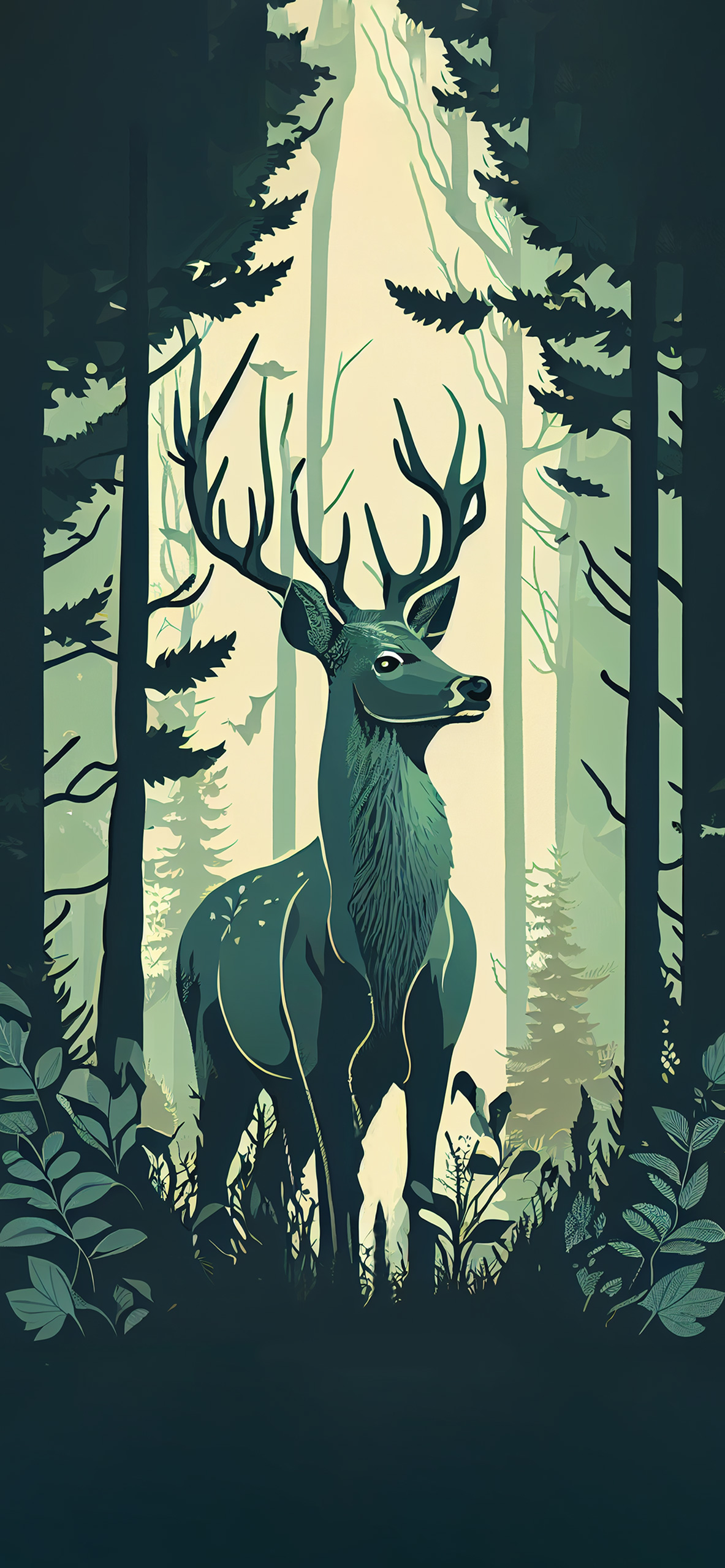 deer in forest sage green wallpaper