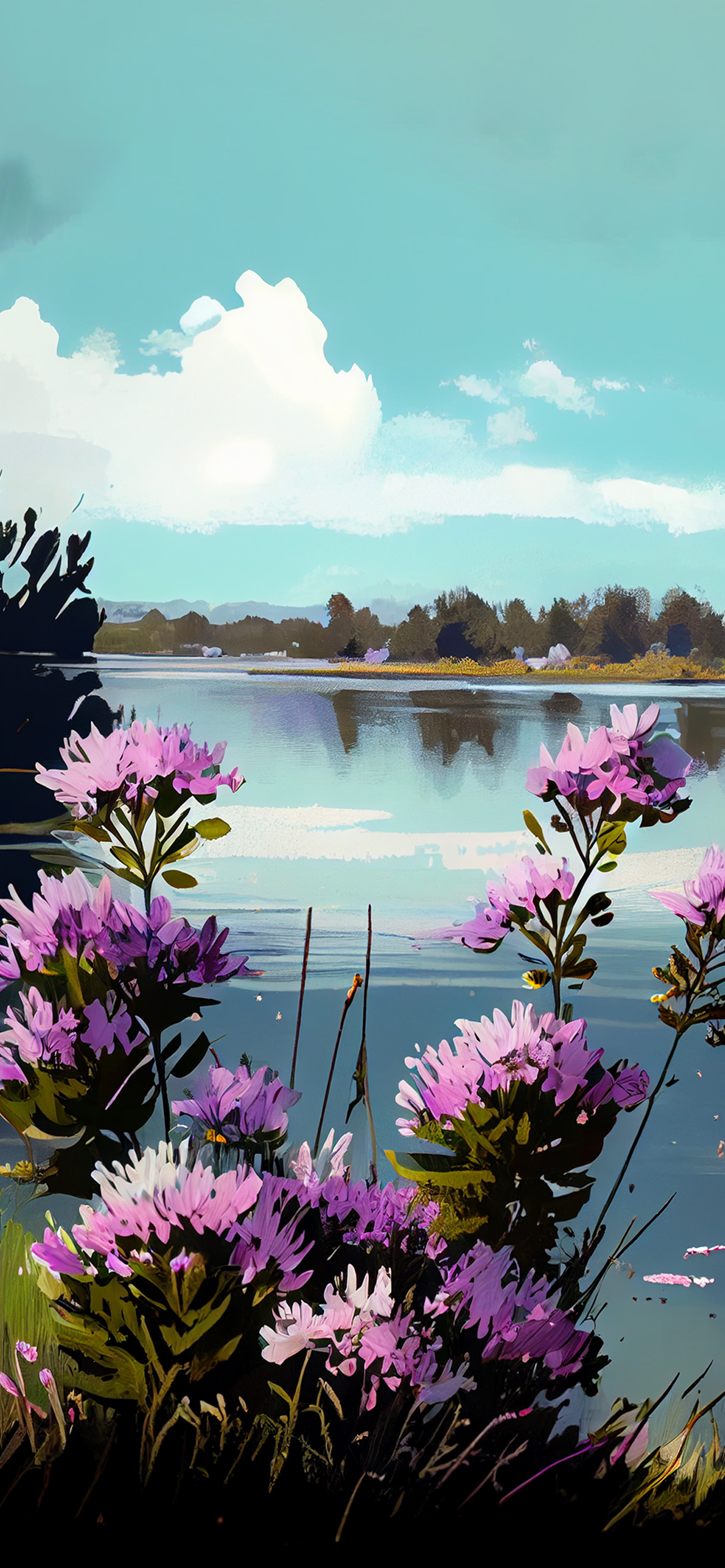 lake flowers art wallpaper