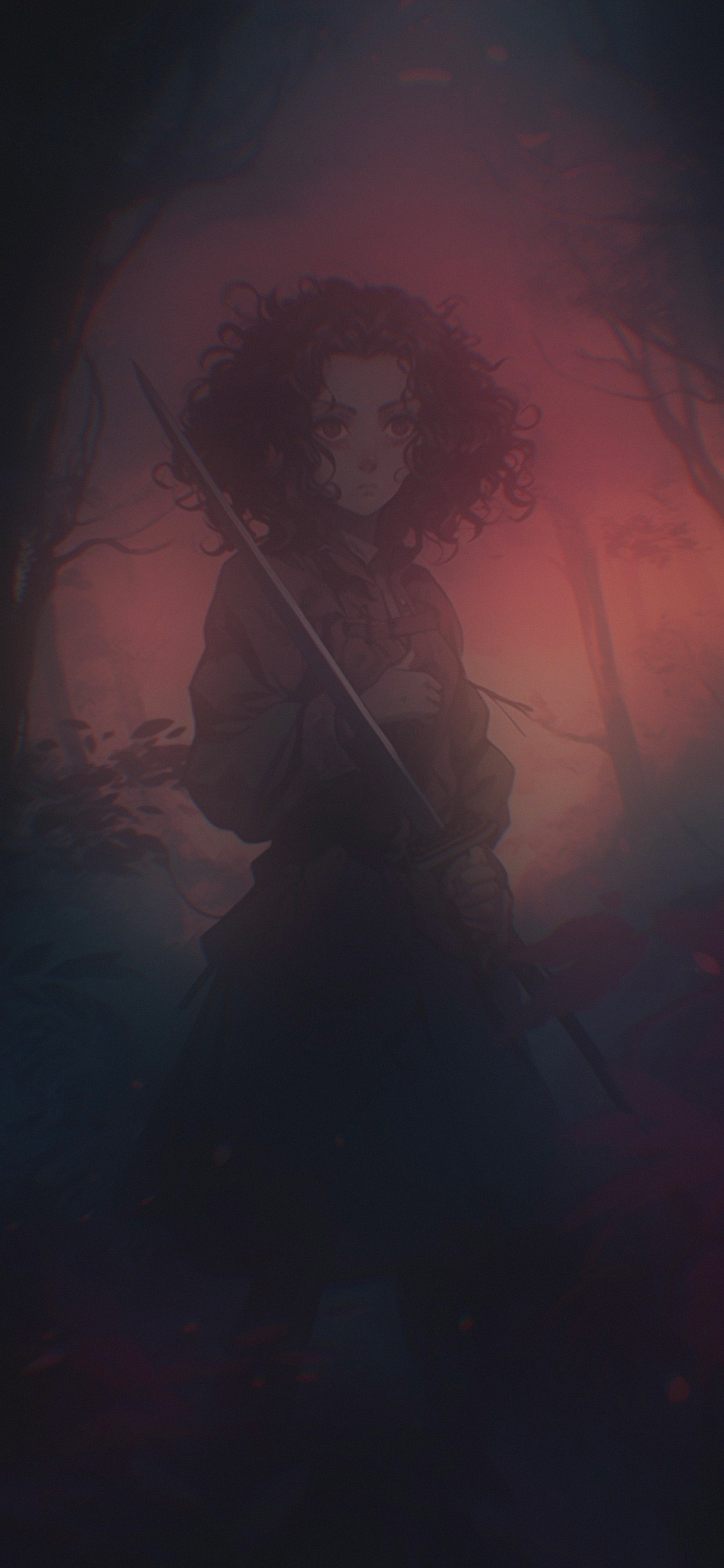 anime girl with katana in the forest background