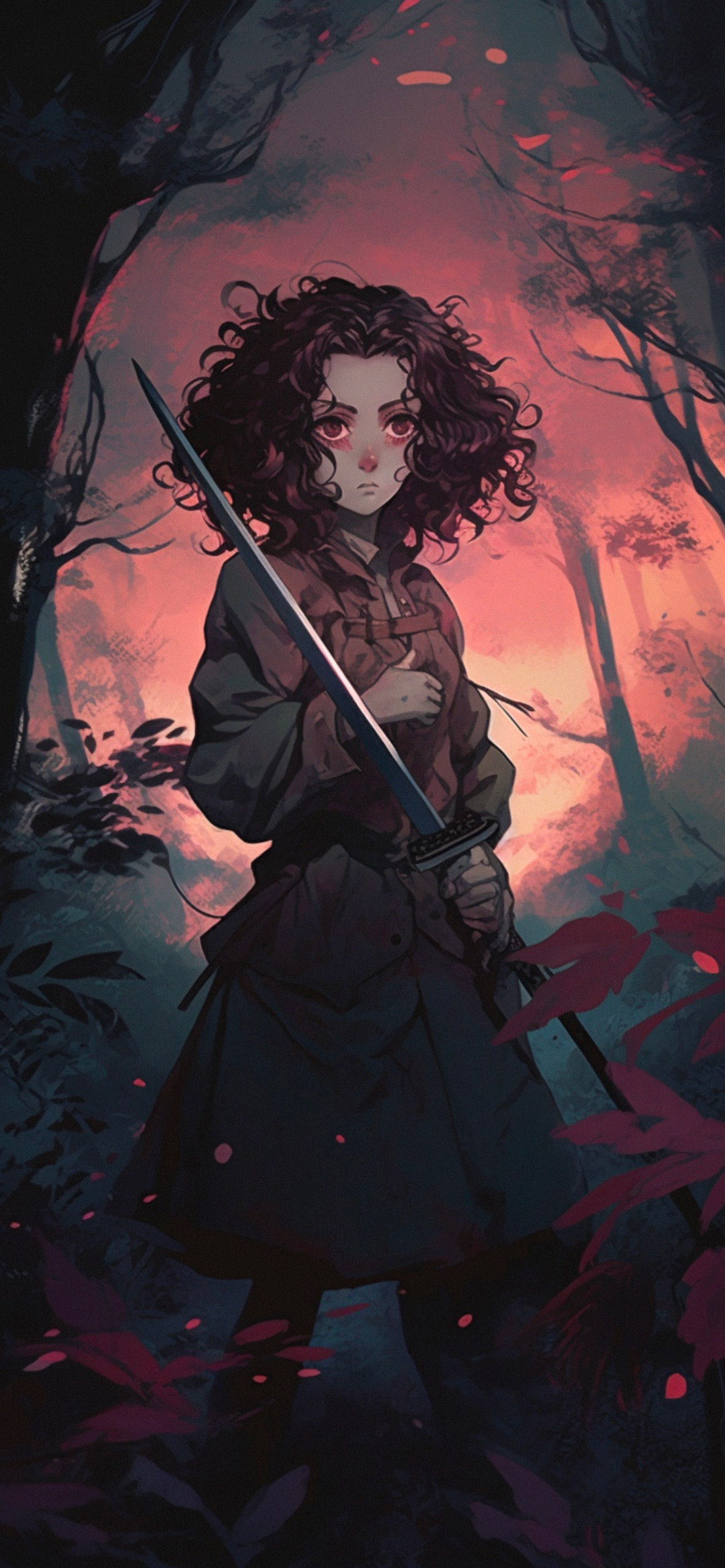 anime girl with katana in the forest wallpaper