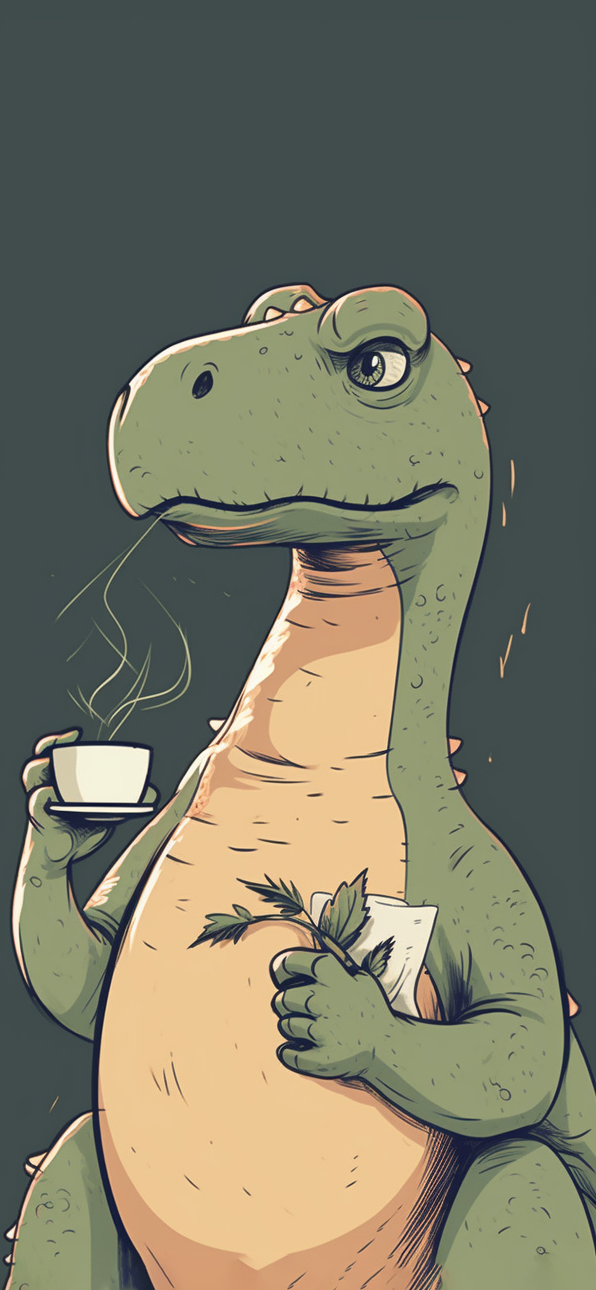 dinosaur with cup dark green wallpaper