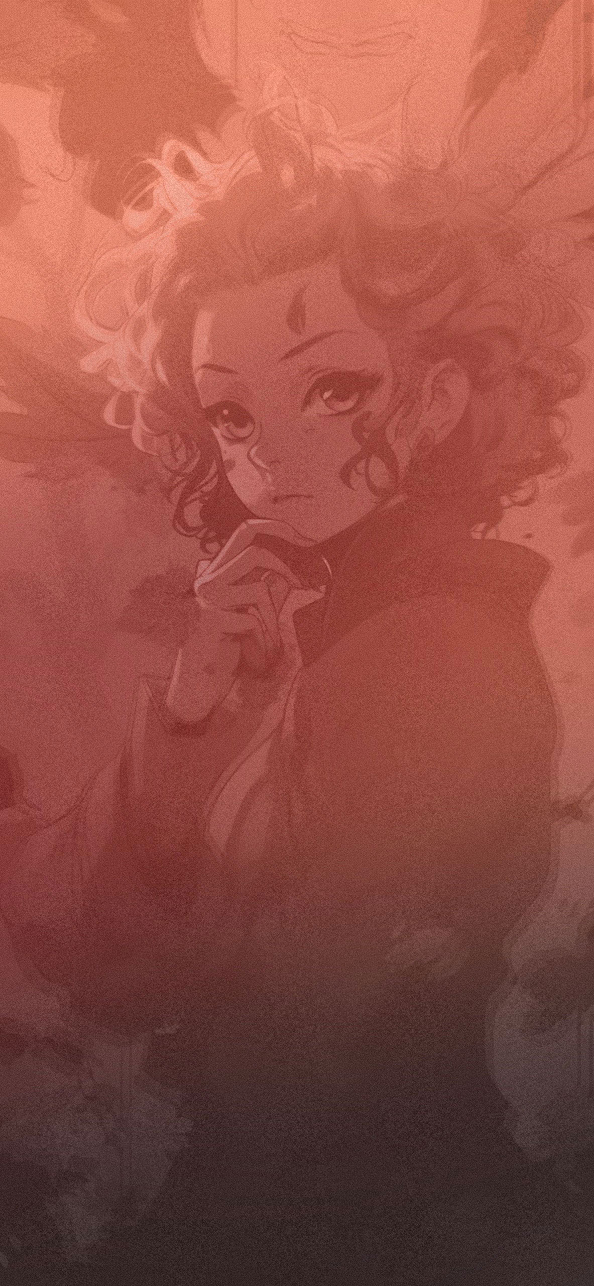 thoughtful anime girl aesthetic orange background