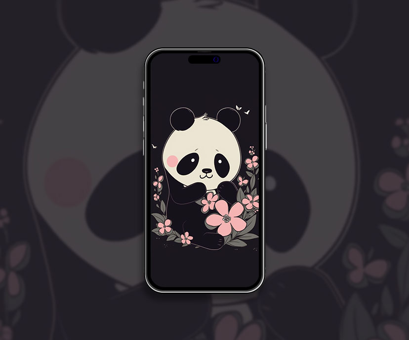 Cute Panda & Flowers Black Wallpaper Cute Panda Wallpaper for