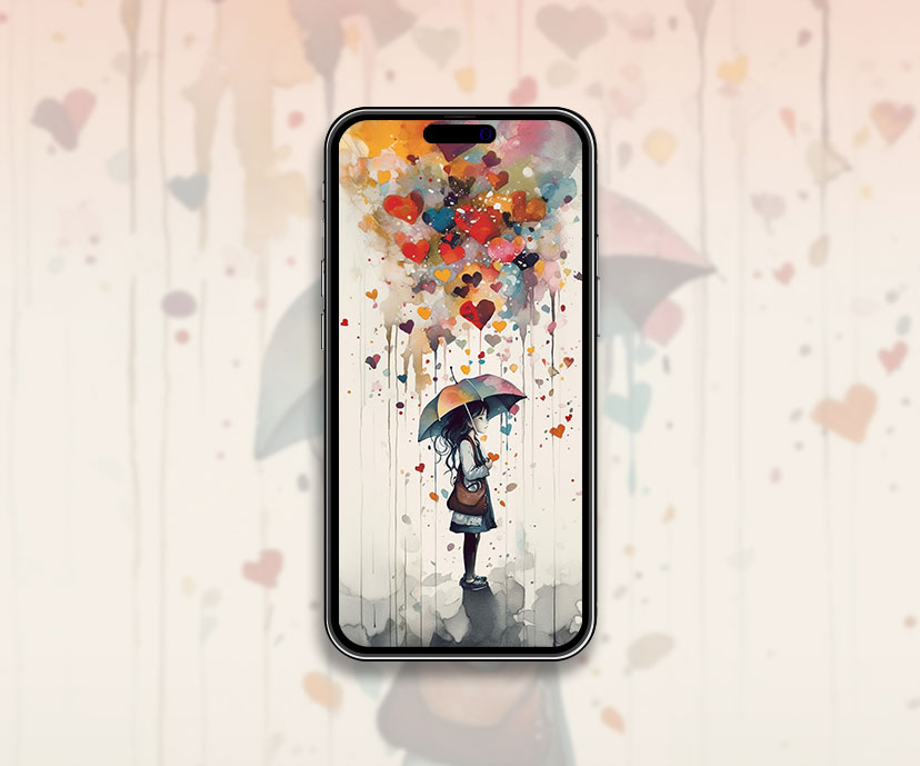 Girl with Umbrella and Hearts Wallpaper