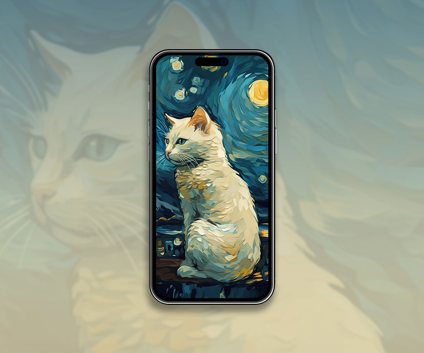 Chat blanc dans le papier peint de Style Van Gogh Cool Cat Fond d’écran pour i