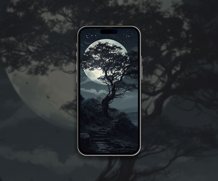Night Moon & Tree Art Wallpaper Moon Night Wallpaper for iPhon