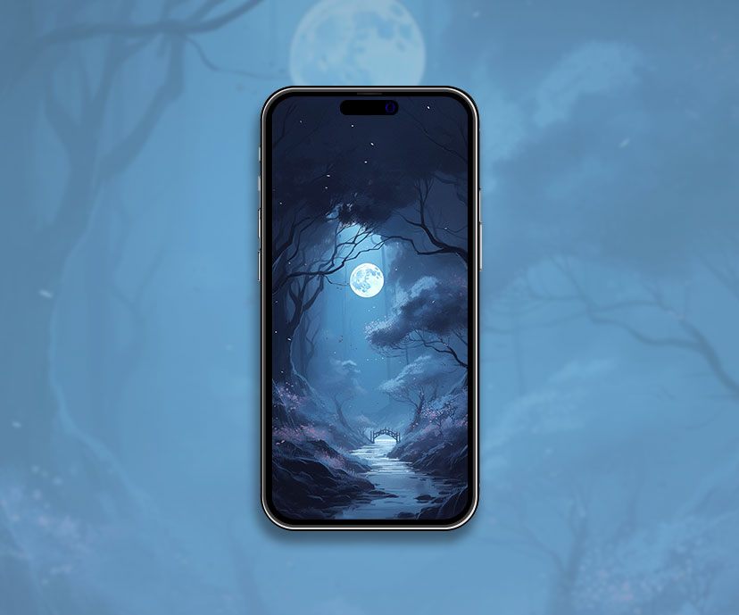Blue Night Forest & Moon Art Wallpaper Blue Forest Wallpaper f