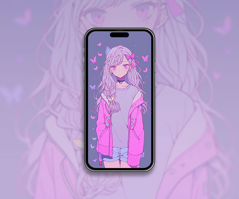 Cute Anime Girl & Butterflies Purple Wallpaper Cute Anime Girl