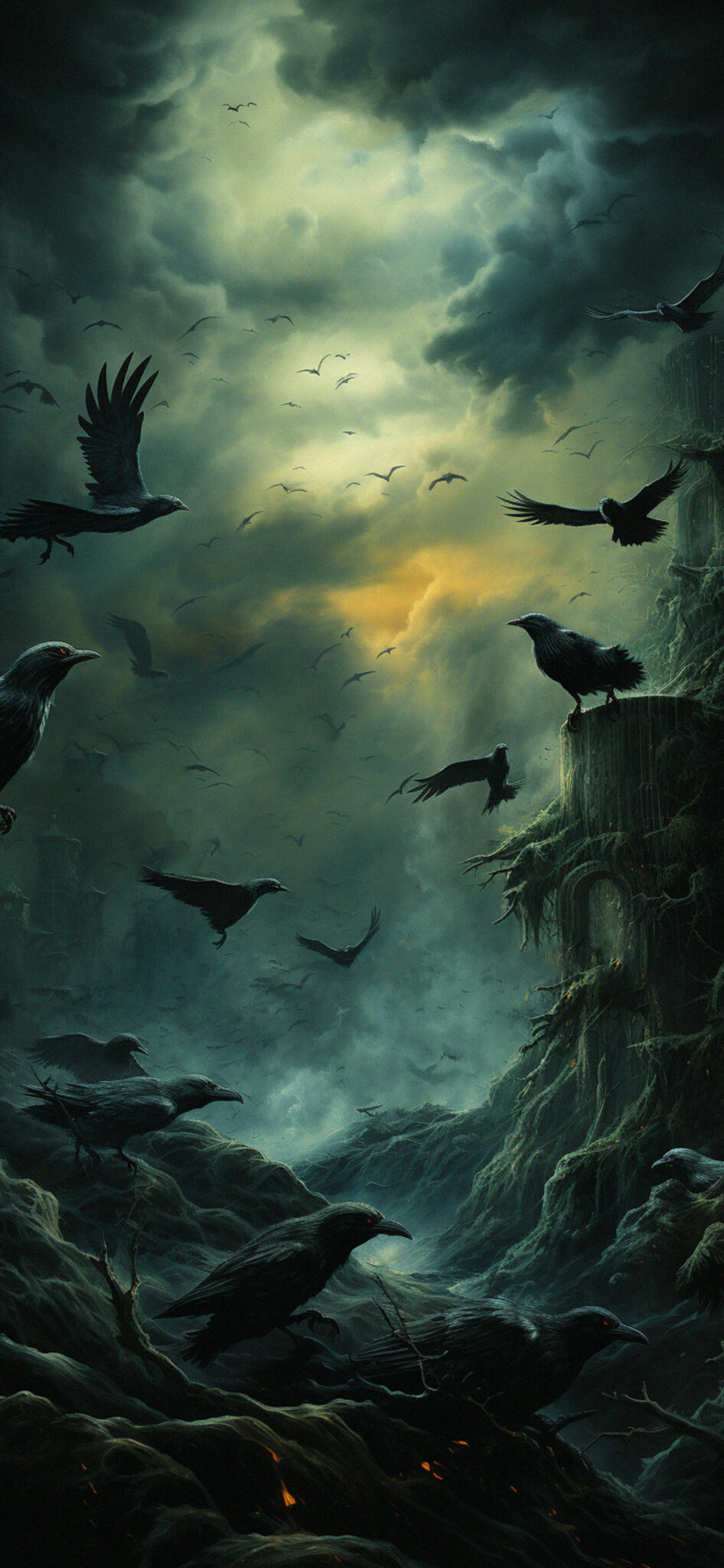 Flock of Scary Ravens Dark Green Wallpapers - Raven Wallpapers