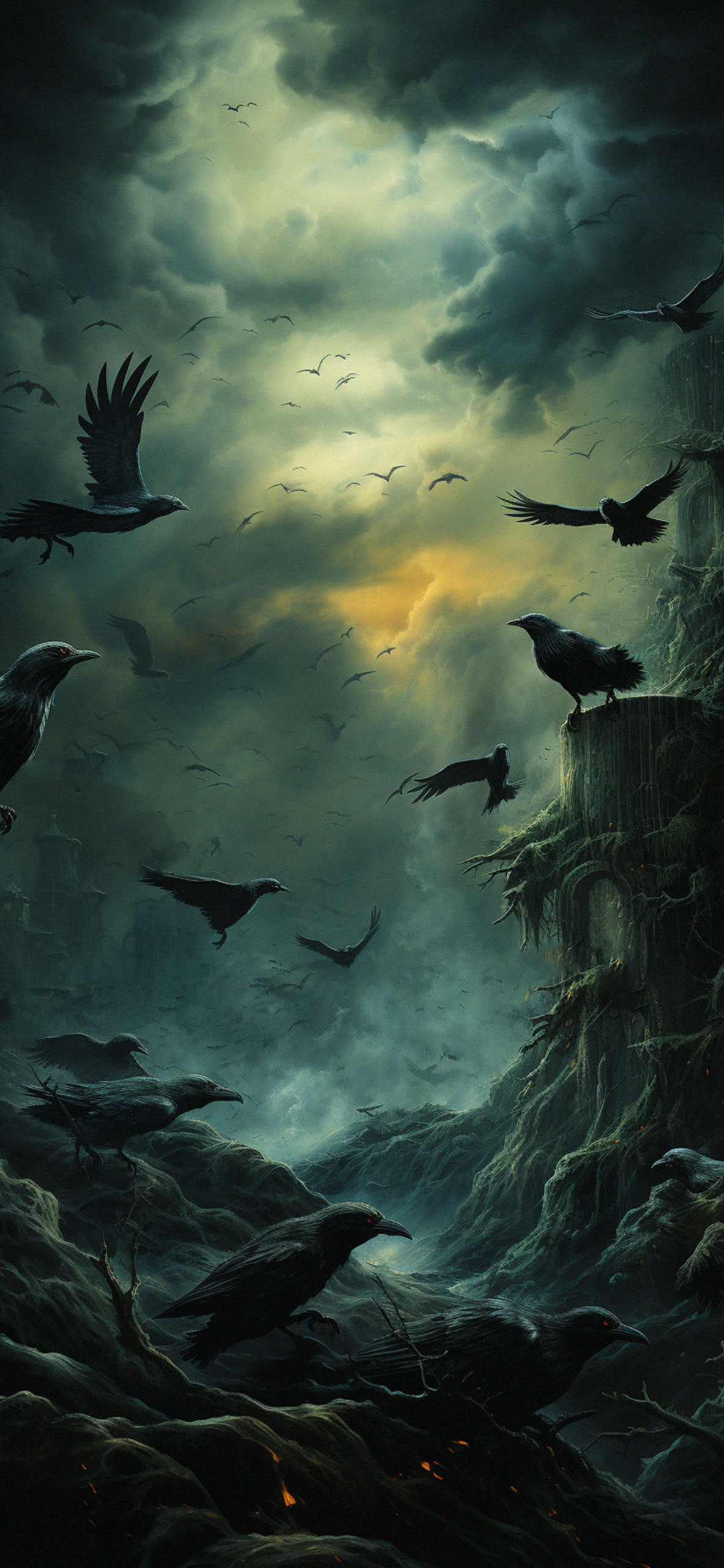 Flock of Scary Ravens Dark Green Wallpaper Ravens Wallpaper fo