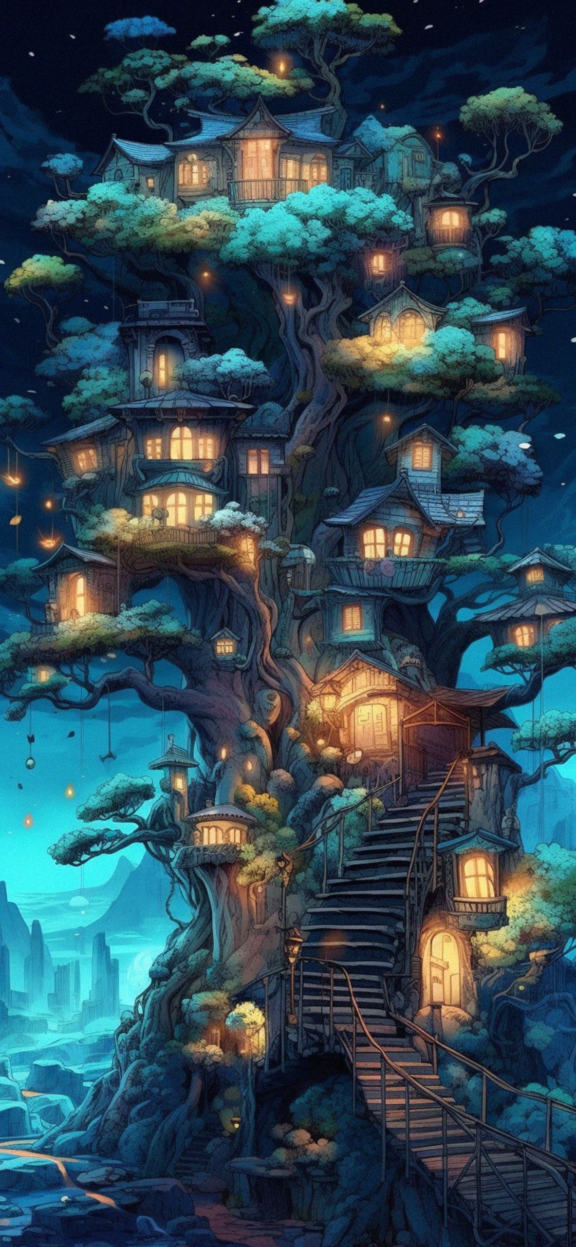 Fantasy Treehouse Town, Mountainous Vistas Stock Illustration -  Illustration of cityscapes, christmas: 280158242