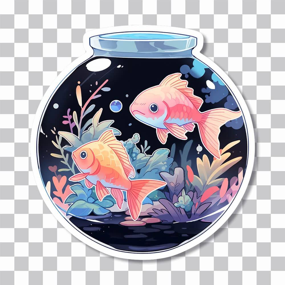 2 golden fish in a round aquarium sticker cover
