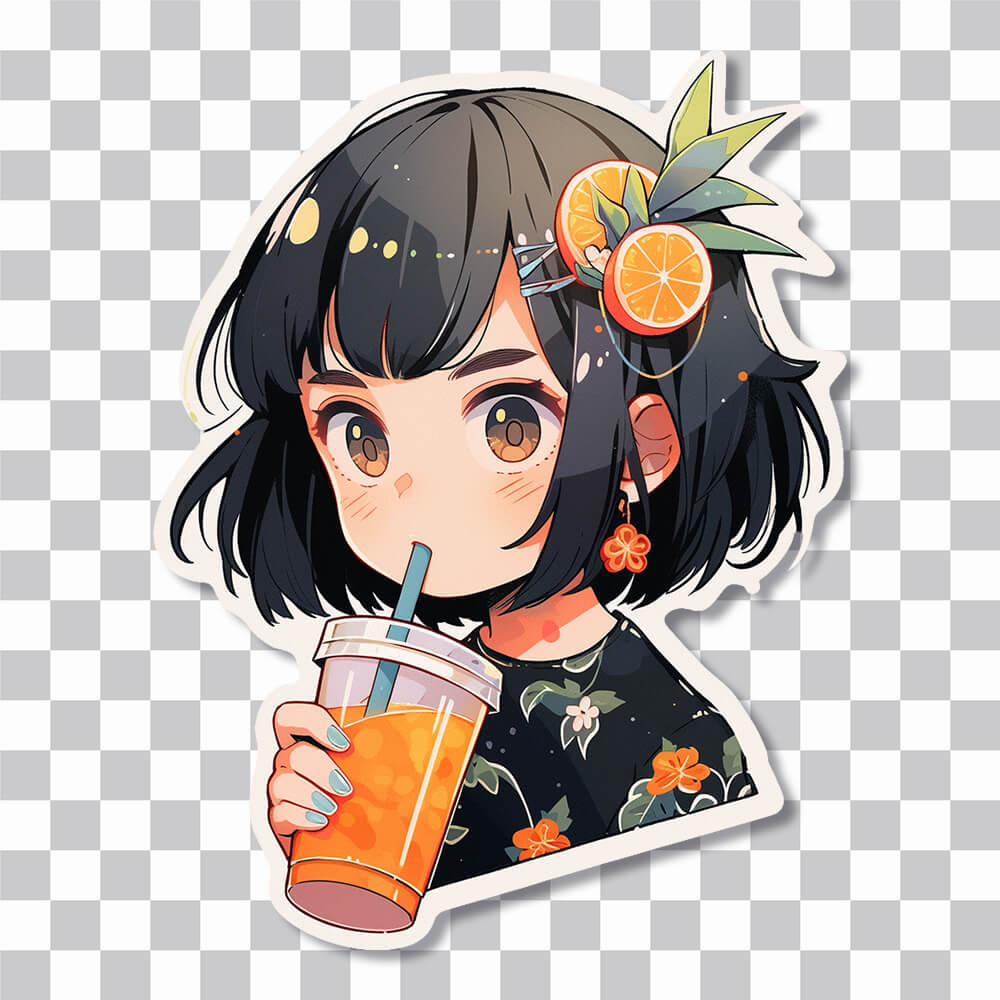 anime girl drinking orange juice sticker cover