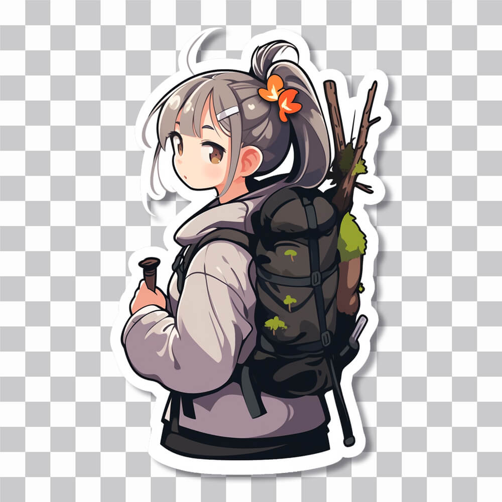 anime girl looking from behind hiking sticker cover
