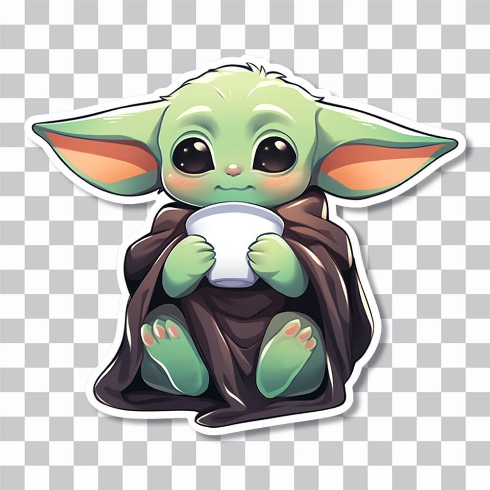 cute baby yoda with a cup drawing sticker cover