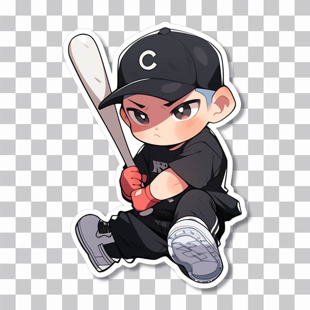 cute baseball player sitting with bat in hands sticker cover