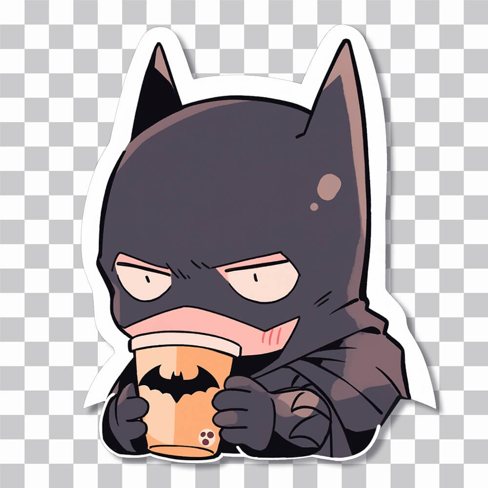 funny chibi batman drinking coffee sticker cover