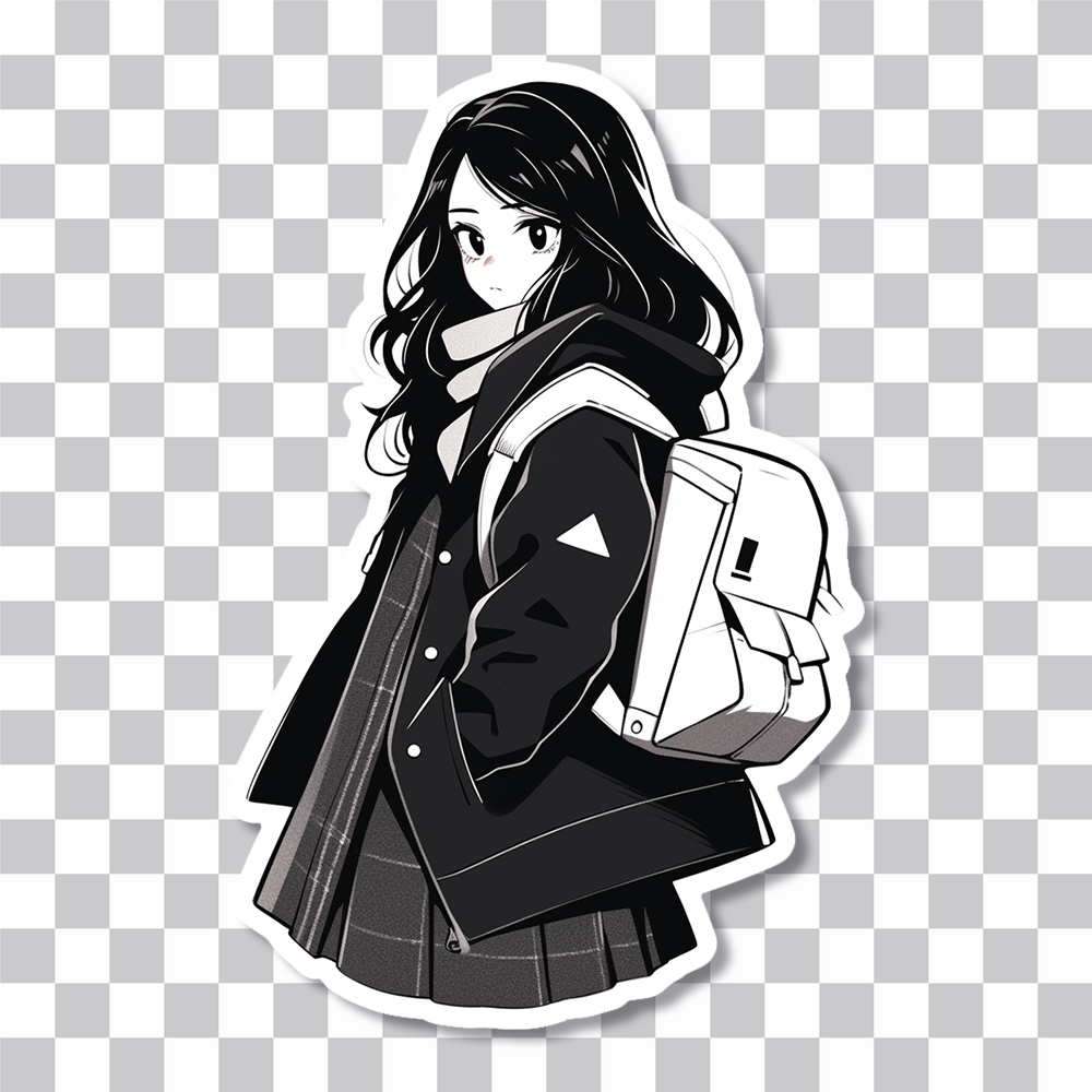 girl with backpack black white sticker cover