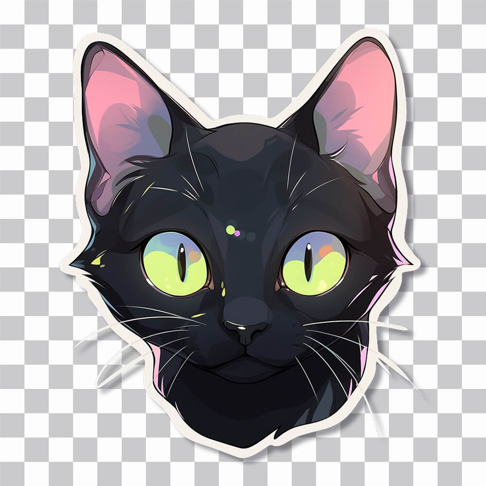 cubierta de la etiqueta engomada de la cabeza del gato negro de los ojos verdes