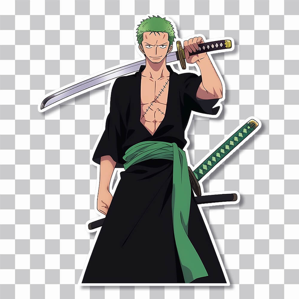 one piece ronoa zoro smiling sword behind head sticker cover
