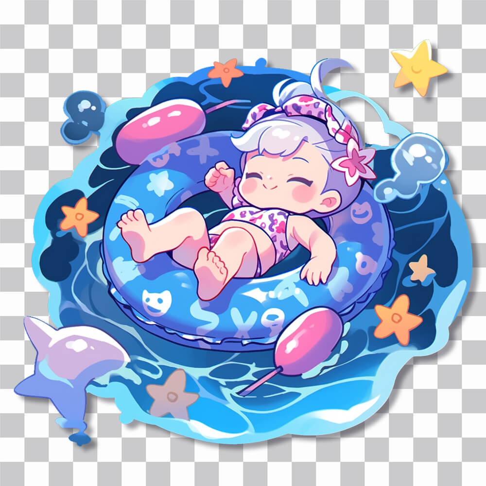 summer aesthetic cute girl child on swim ring in water sticker cover