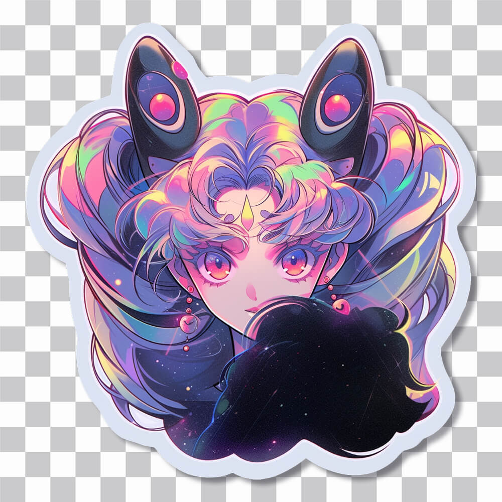 aesthetic anime girl with cyber cat ears holographic sticker cover