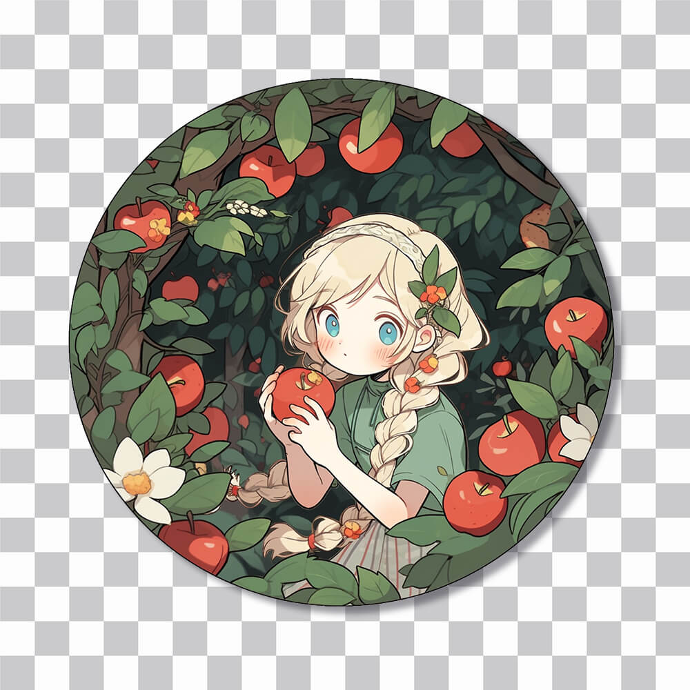 anime girl in apple orchard round sticker cover