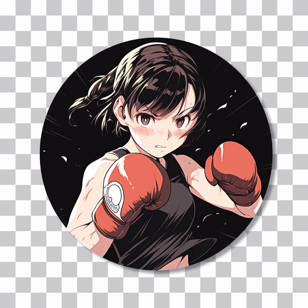 anime girl in boxing gloves round sticker cover