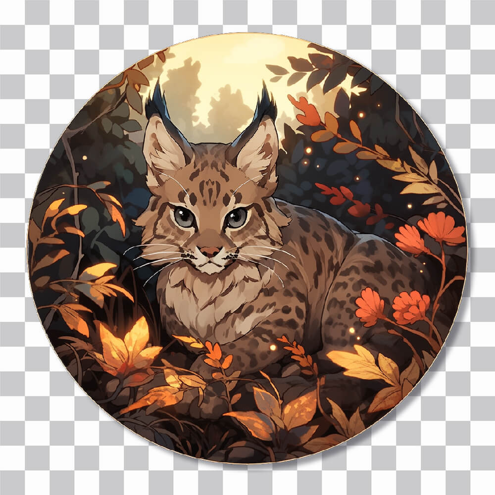 bobcat in an autumn forest round sticker cover
