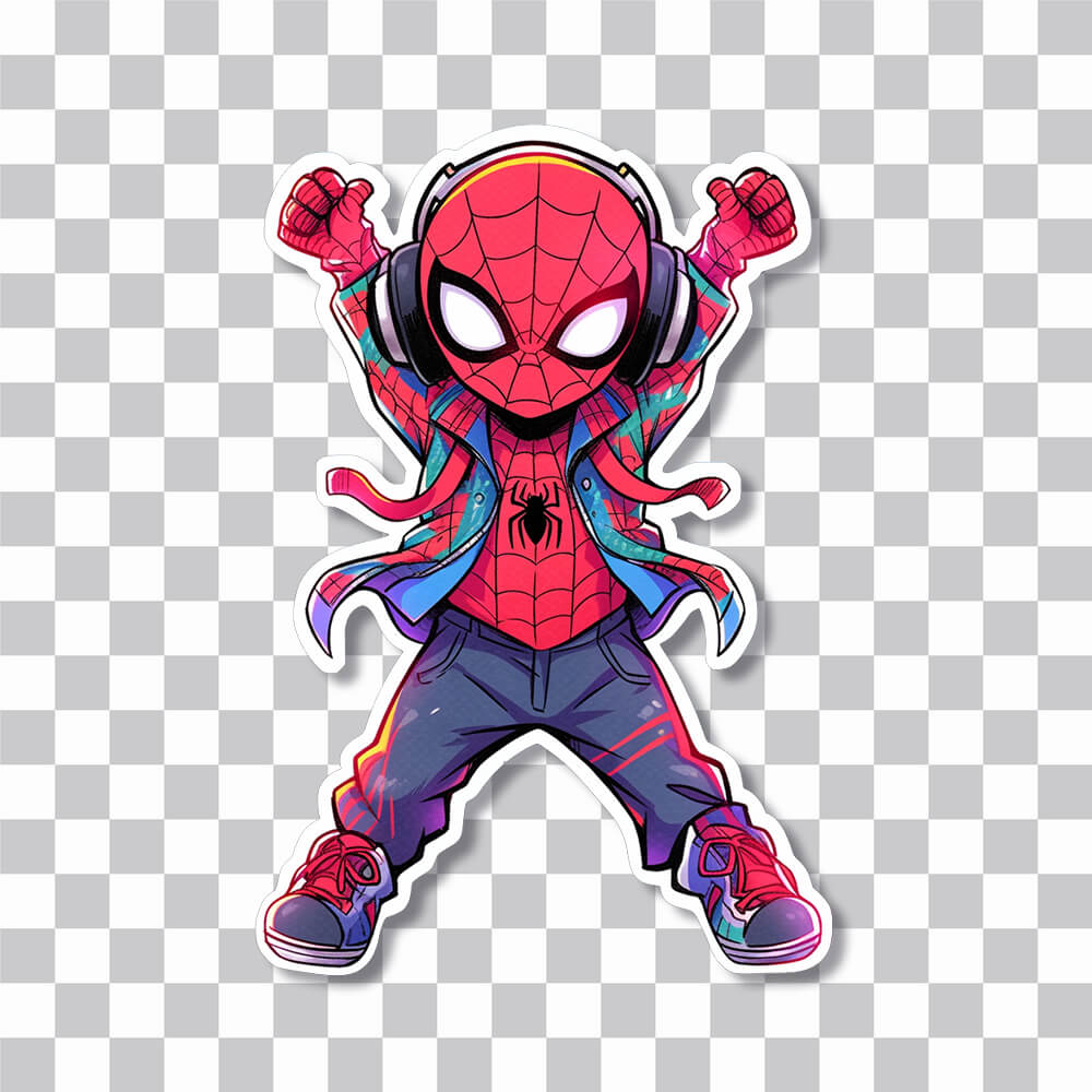 chibi spiderman dancing with headphones sticker cover