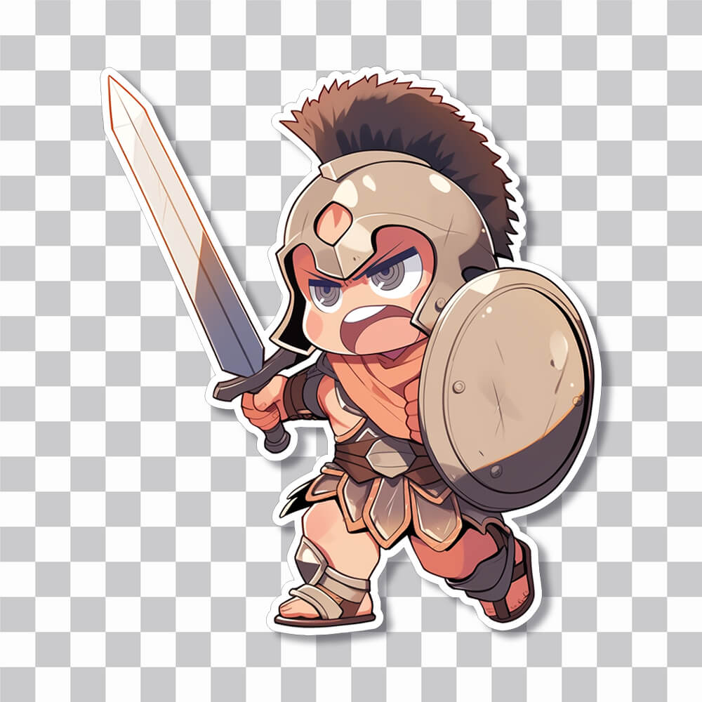 Niño gladiador corriendo hacia la cubierta de la pegatina de batalla