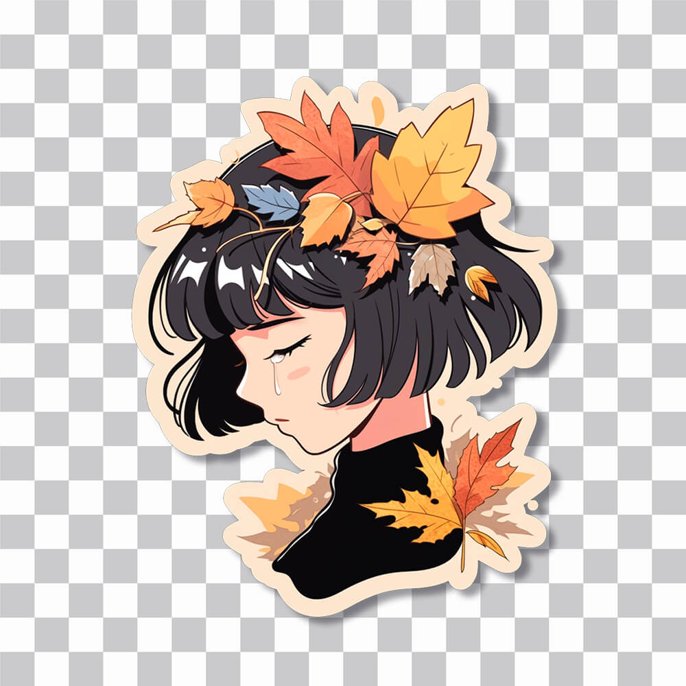 crying girl in autumn leaves sticker cover