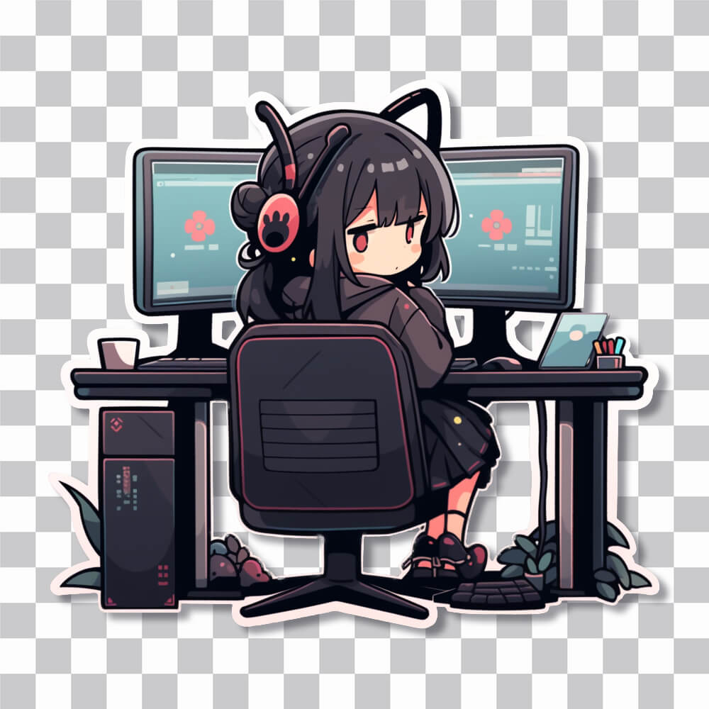 cute anime girl sitting at computer desk sticker cover