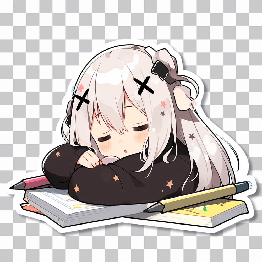 cute anime girl sleeping on homework sticker cover