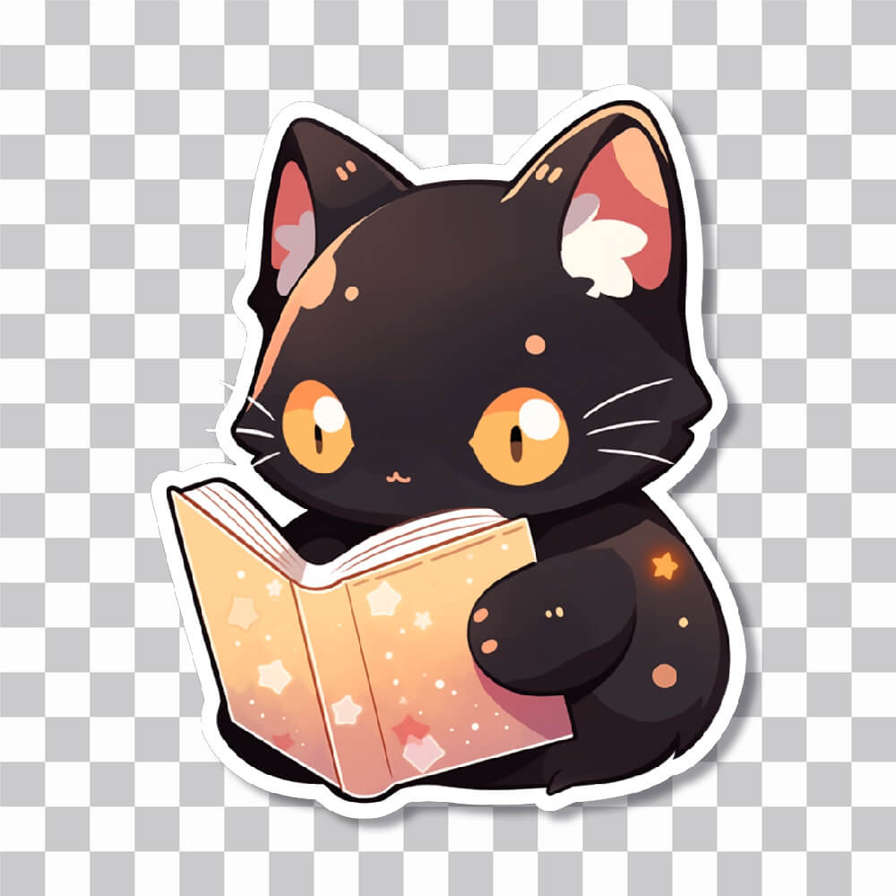 cute black cat reading book sticker cover